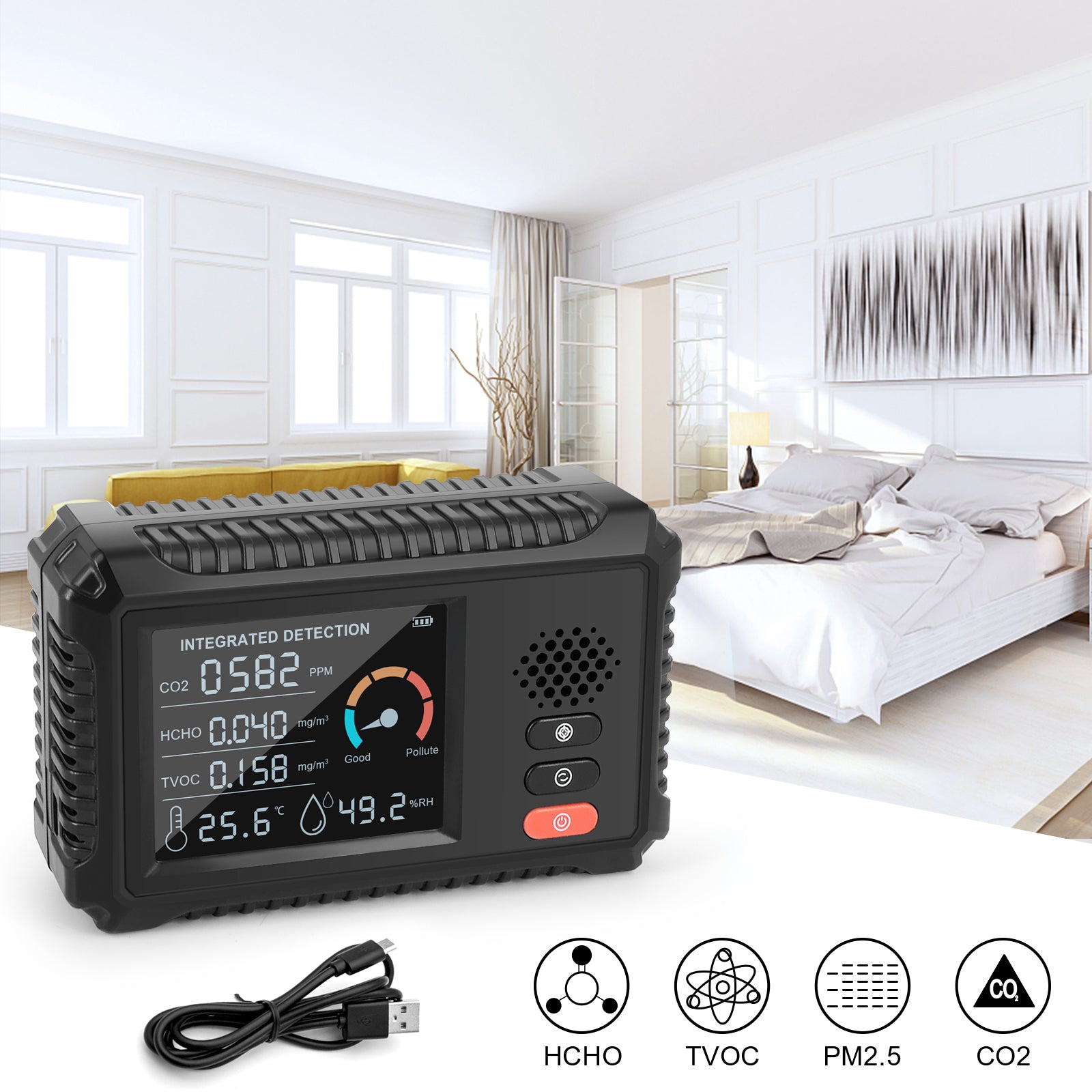 HLW-101 5-in-1 CO2 Detector HCHO TVOC PM2.5 Detector Air Quality Monitor Temperature Humidity Tester HLW-101 5-in-1 CO2 Detector HCHO TVOC PM2.5 Detector Air Quality Monitor Temperature Humidity Tester
